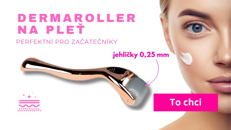 Dermaroller na pleť s 0,25 mm jehličkami, ideální pro začátečníky, vedle detailu ženské tváře s naneseným pleťovým krémem.